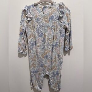 Angel Dear Floral Ruffle Romper in Soft Blue and Cream